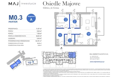 Rzut - Mieszkanie na sprzedaż 3 pokoje o powierzchni 60,55 m² - numer M0.3 w Osiedle Majowe 2.0 etap II
