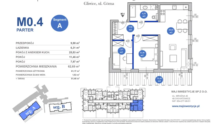 Rzut - Mieszkanie na sprzedaż 3 pokoje o powierzchni 61,17 m² - numer M0.4 w Osiedle Majowe 2.0 etap II