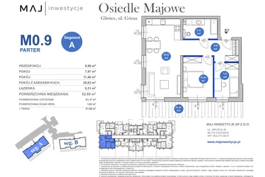 Rzut - Mieszkanie na sprzedaż 3 pokoje o powierzchni 61,17 m² - numer M0.9 w Osiedle Majowe 2.0 etap II