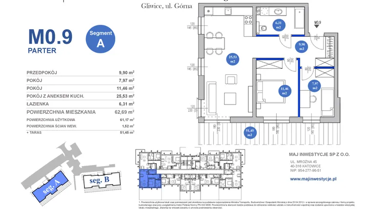 Rzut - Mieszkanie na sprzedaż 3 pokoje o powierzchni 61,17 m² - numer M0.9 w Osiedle Majowe 2.0 etap II