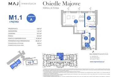 Rzut - Mieszkanie na sprzedaż 3 pokoje o powierzchni 46,83 m² - numer M1.1 w Osiedle Majowe 2.0 etap II