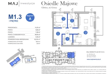 Rzut - Mieszkanie na sprzedaż 3 pokoje o powierzchni 60,55 m² - numer M1.3 w Osiedle Majowe 2.0 etap II