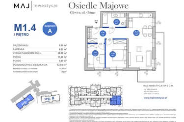 Rzut - Mieszkanie na sprzedaż 3 pokoje o powierzchni 61,17 m² - numer M1.4 w Osiedle Majowe 2.0 etap II