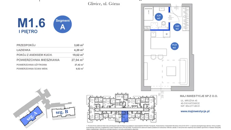 Rzut - Mieszkanie na sprzedaż 1 pokój o powierzchni 27,42 m² - numer M1.6 w Osiedle Majowe 2.0 etap II