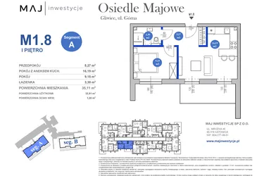 Rzut - Mieszkanie na sprzedaż 2 pokoje o powierzchni 33,91 m² - numer M1.8 w Osiedle Majowe 2.0 etap II