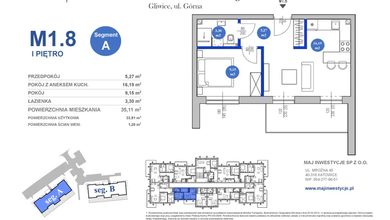 Rzut - Mieszkanie na sprzedaż 2 pokoje o powierzchni 33,91 m² - numer M1.8 w Osiedle Majowe 2.0 etap II