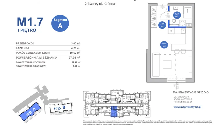 Rzut - Mieszkanie na sprzedaż 1 pokój o powierzchni 27,42 m² - numer M1.7 w Osiedle Majowe 2.0 etap II