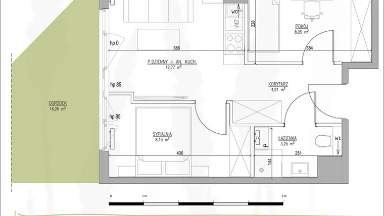 Rzut - Mieszkanie na sprzedaż 3 pokoje o powierzchni 37,13 m² - numer B2.M03 w Tres