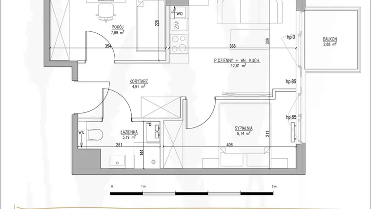 Rzut - Mieszkanie na sprzedaż 3 pokoje o powierzchni 36,94 m² - numer B2.M37 w Tres