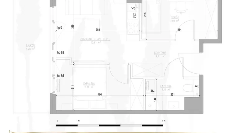 Rzut - Mieszkanie na sprzedaż 3 pokoje o powierzchni 36,94 m² - numer B2.M36 w Tres