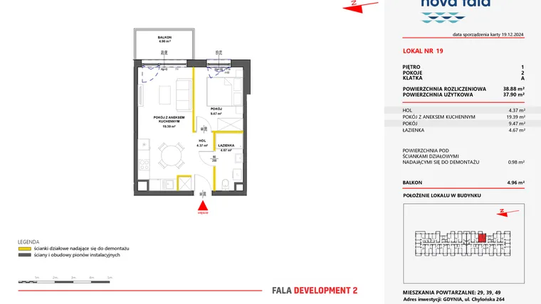 Rzut - Mieszkanie na sprzedaż 2 pokoje o powierzchni 38,88 m² - numer 19 w Miasteczko Nova Fala