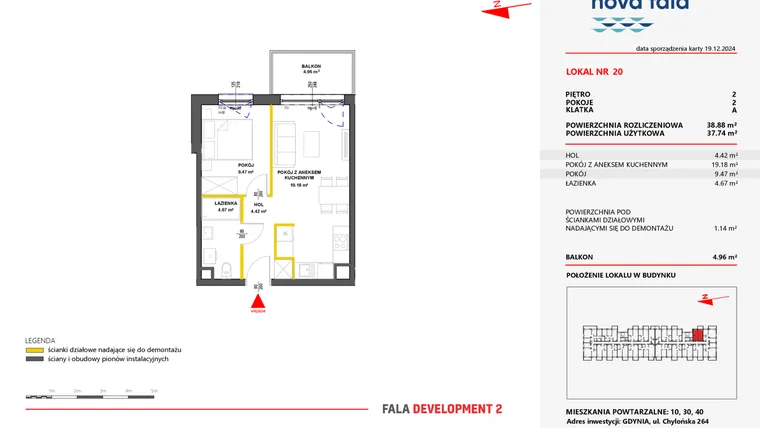 Rzut - Mieszkanie na sprzedaż 2 pokoje o powierzchni 38,88 m² - numer 20 w Miasteczko Nova Fala