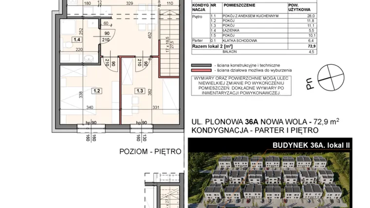 Rzut - Mieszkanie na sprzedaż 4 pokoje o powierzchni 72,9 m² - numer 36A/2 w Zespół willowy Zielona Polana - etap 6