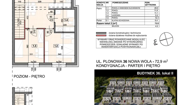 Rzut - Mieszkanie na sprzedaż 4 pokoje o powierzchni 72,9 m² - numer 36/2 w Zespół willowy Zielona Polana - etap 6