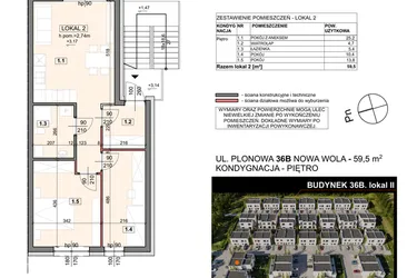 Rzut - Mieszkanie na sprzedaż 3 pokoje o powierzchni 59,5 m² - numer 36B/2 w Zespół willowy Zielona Polana - etap 6