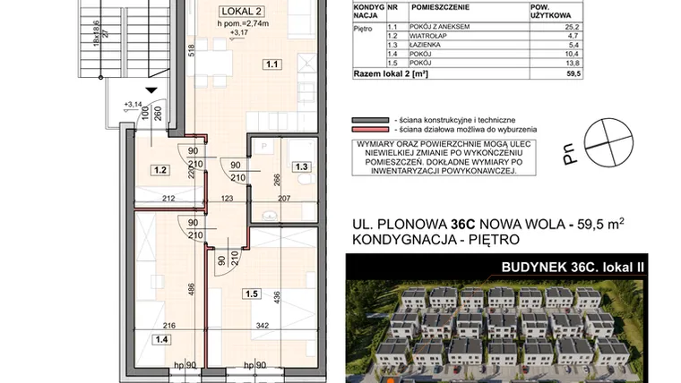 Rzut - Mieszkanie na sprzedaż 3 pokoje o powierzchni 59,5 m² - numer 36C/2 w Zespół willowy Zielona Polana - etap 6