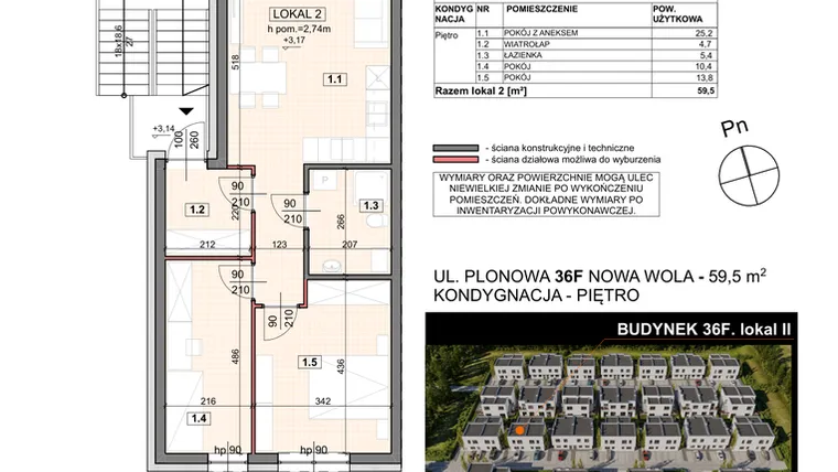 Rzut - Mieszkanie na sprzedaż 3 pokoje o powierzchni 59,5 m² - numer 36F/2 w Zespół willowy Zielona Polana - etap 6