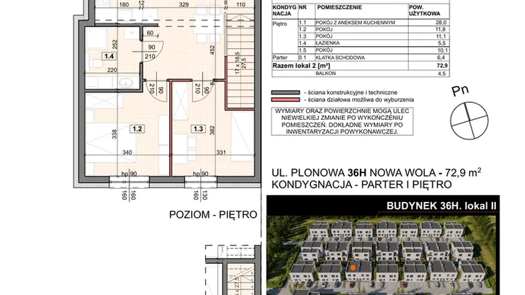 Rzut - Mieszkanie na sprzedaż 4 pokoje o powierzchni 72,9 m² - numer 36H/2 w Zespół willowy Zielona Polana - etap 6