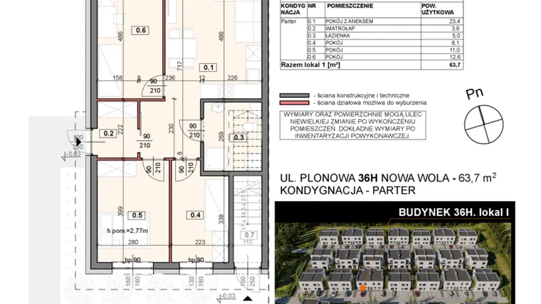 Rzut - Mieszkanie na sprzedaż 4 pokoje o powierzchni 63,7 m² - numer 36H/1 w Zespół willowy Zielona Polana - etap 6