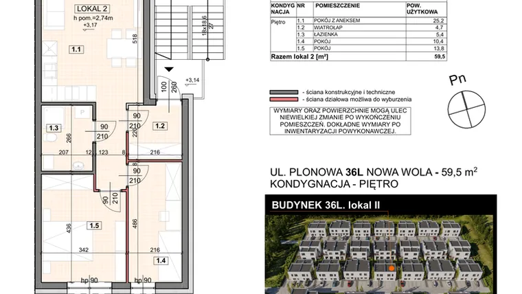 Rzut - Mieszkanie na sprzedaż 3 pokoje o powierzchni 59,5 m² - numer 36L/2 w Zespół willowy Zielona Polana - etap 6