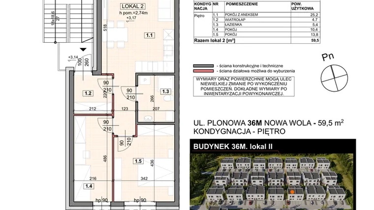 Rzut - Mieszkanie na sprzedaż 3 pokoje o powierzchni 59,5 m² - numer 36M/2 w Zespół willowy Zielona Polana - etap 6