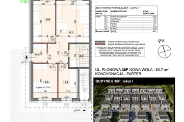 Rzut - Mieszkanie na sprzedaż 4 pokoje o powierzchni 63,7 m² - numer 36P/1 w Zespół willowy Zielona Polana - etap 6
