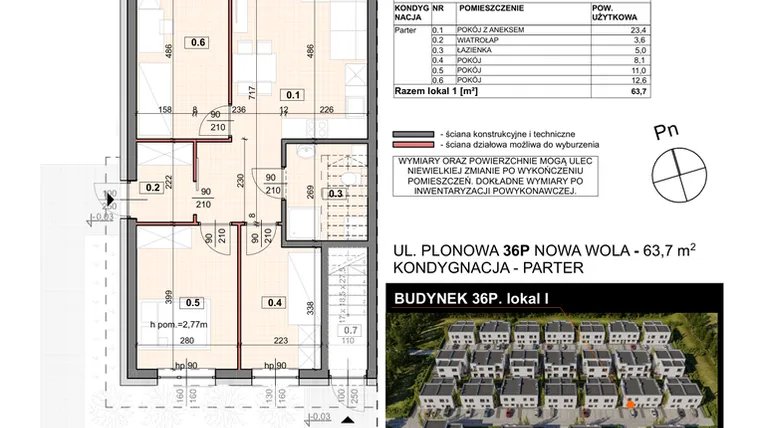 Rzut - Mieszkanie na sprzedaż 4 pokoje o powierzchni 63,7 m² - numer 36P/1 w Zespół willowy Zielona Polana - etap 6