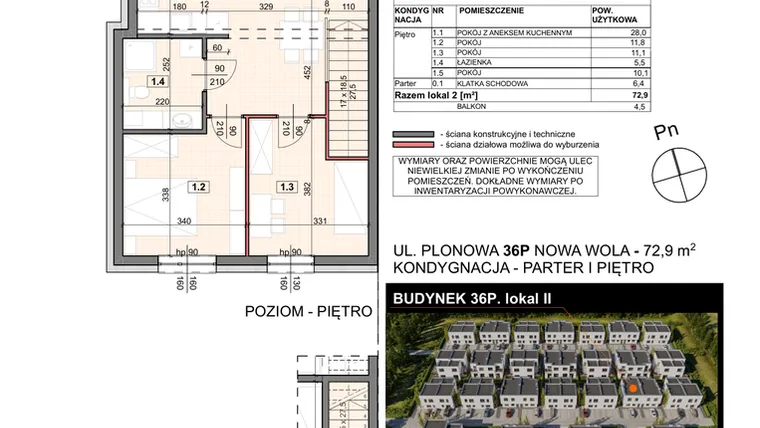 Rzut - Mieszkanie na sprzedaż 4 pokoje o powierzchni 72,9 m² - numer 36P/2 w Zespół willowy Zielona Polana - etap 6
