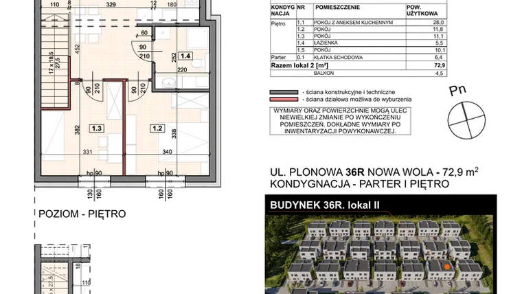 Rzut - Mieszkanie na sprzedaż 4 pokoje o powierzchni 72,9 m² - numer 36R/2 w Zespół willowy Zielona Polana - etap 6