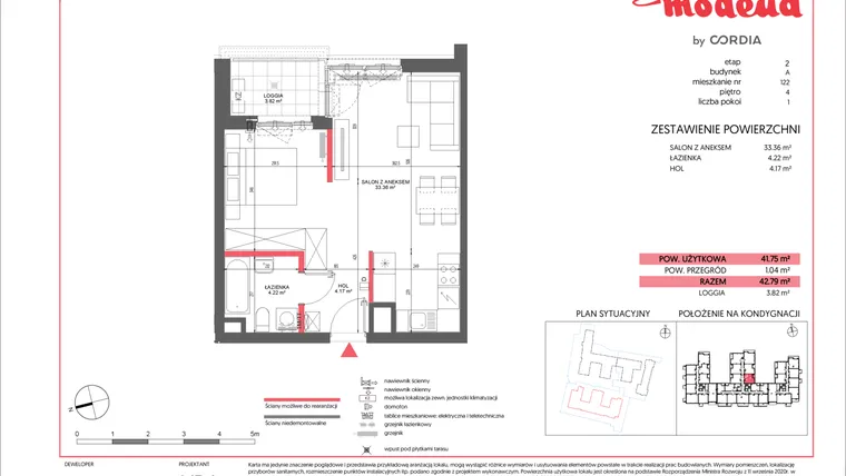 Rzut - Mieszkanie na sprzedaż 1 pokój o powierzchni 41,75 m² - numer A.122 w Modena II