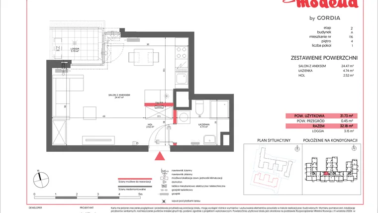 Rzut - Mieszkanie na sprzedaż 1 pokój o powierzchni 32 m² - numer A.116 w Modena II