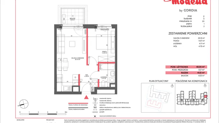 Rzut - Mieszkanie na sprzedaż 2 pokoje o powierzchni 40,04 m² - numer A.011 w Modena II