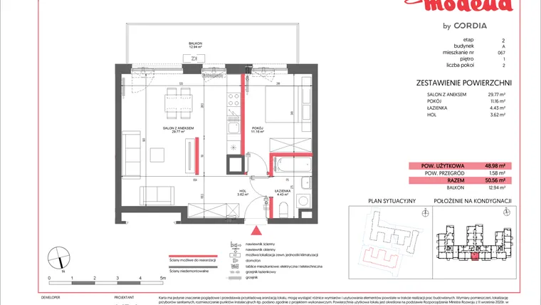 Rzut - Mieszkanie na sprzedaż 2 pokoje o powierzchni 48,98 m² - numer A.067 w Modena II