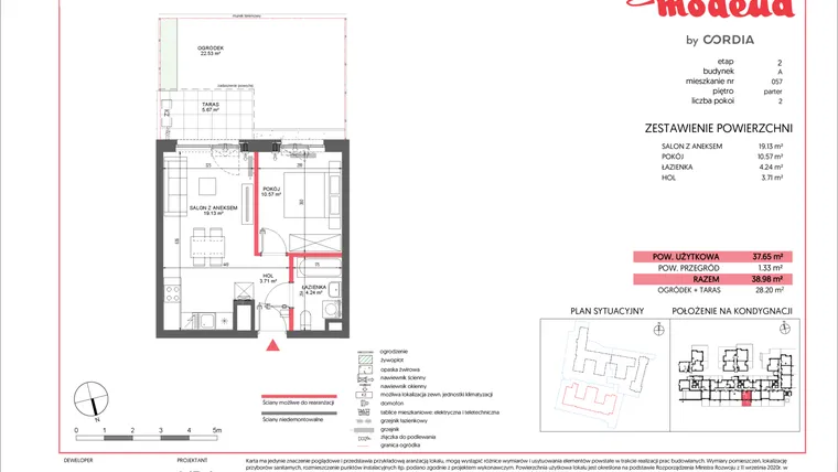 Rzut - Mieszkanie na sprzedaż 2 pokoje o powierzchni 37,65 m² - numer A.057 w Modena II