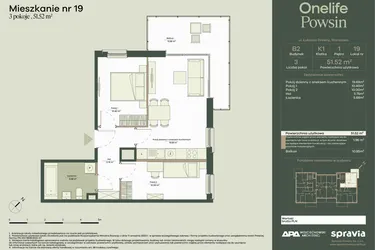 Rzut - Mieszkanie na sprzedaż 3 pokoje o powierzchni 51,52 m² - numer B2/19 w Onelife Powsin