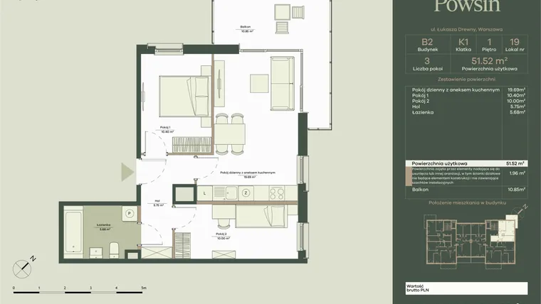Rzut - Mieszkanie na sprzedaż 3 pokoje o powierzchni 51,52 m² - numer B2/19 w Onelife Powsin