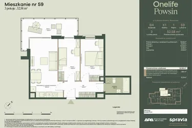 Rzut - Mieszkanie na sprzedaż 3 pokoje o powierzchni 52,58 m² - numer B4/59 w Onelife Powsin