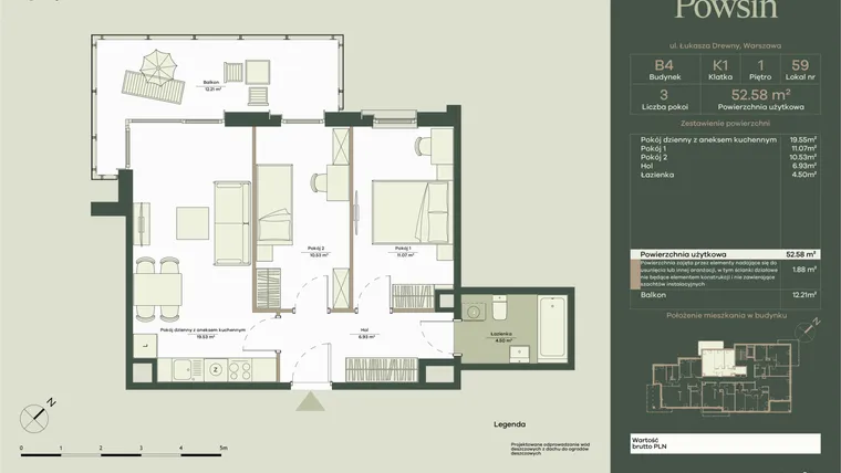 Rzut - Mieszkanie na sprzedaż 3 pokoje o powierzchni 52,58 m² - numer B4/59 w Onelife Powsin