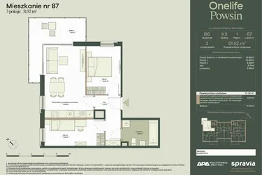 Rzut - Mieszkanie na sprzedaż 3 pokoje o powierzchni 51,52 m² - numer B6/87 w Onelife Powsin