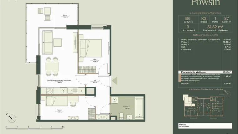 Rzut - Mieszkanie na sprzedaż 3 pokoje o powierzchni 51,52 m² - numer B6/87 w Onelife Powsin