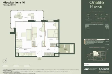 Rzut - Mieszkanie na sprzedaż 3 pokoje o powierzchni 52,58 m² - numer B1/10 w Onelife Powsin