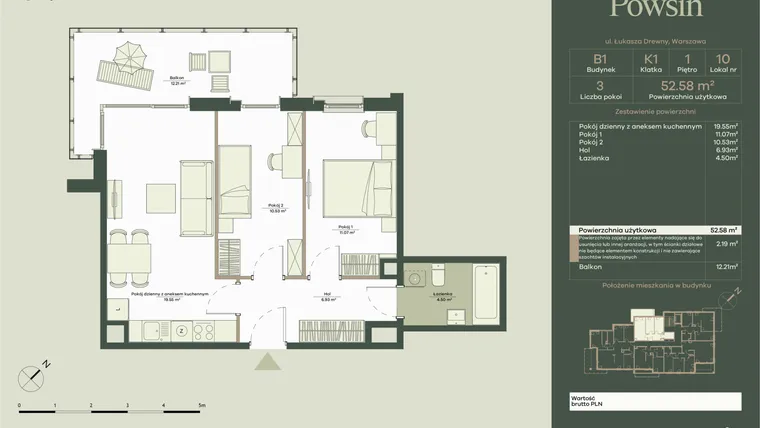 Rzut - Mieszkanie na sprzedaż 3 pokoje o powierzchni 52,58 m² - numer B1/10 w Onelife Powsin