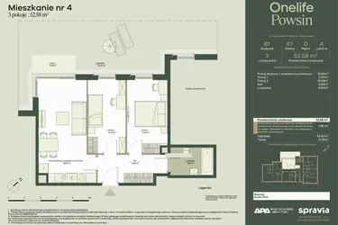 Rzut - Mieszkanie na sprzedaż 3 pokoje o powierzchni 52,58 m² - numer B1/4 w Onelife Powsin