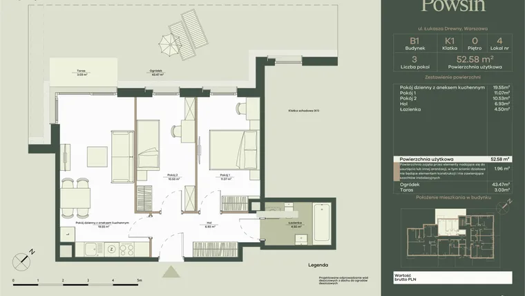 Rzut - Mieszkanie na sprzedaż 3 pokoje o powierzchni 52,58 m² - numer B1/4 w Onelife Powsin