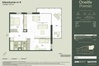 Rzut - Mieszkanie na sprzedaż 3 pokoje o powierzchni 62,13 m² - numer B1/6 w Onelife Powsin