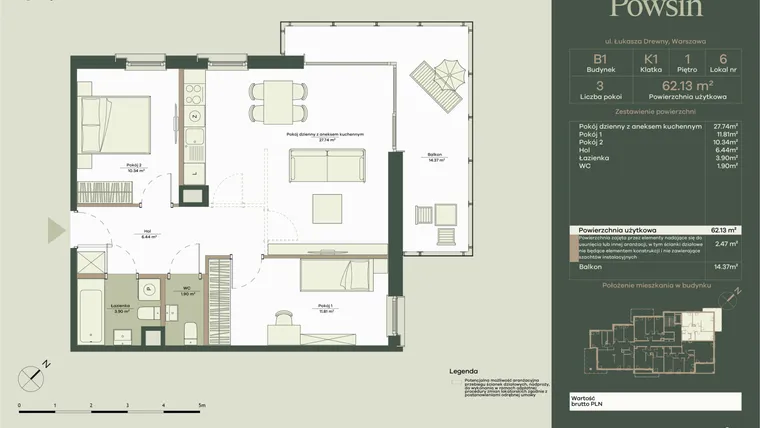 Rzut - Mieszkanie na sprzedaż 3 pokoje o powierzchni 62,13 m² - numer B1/6 w Onelife Powsin