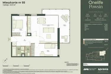 Rzut - Mieszkanie na sprzedaż 3 pokoje o powierzchni 62,13 m² - numer B4/55 w Onelife Powsin