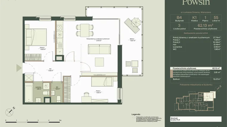 Rzut - Mieszkanie na sprzedaż 3 pokoje o powierzchni 62,13 m² - numer B4/55 w Onelife Powsin