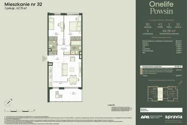 Rzut - Mieszkanie na sprzedaż 3 pokoje o powierzchni 62,78 m² - numer B2/32 w Onelife Powsin