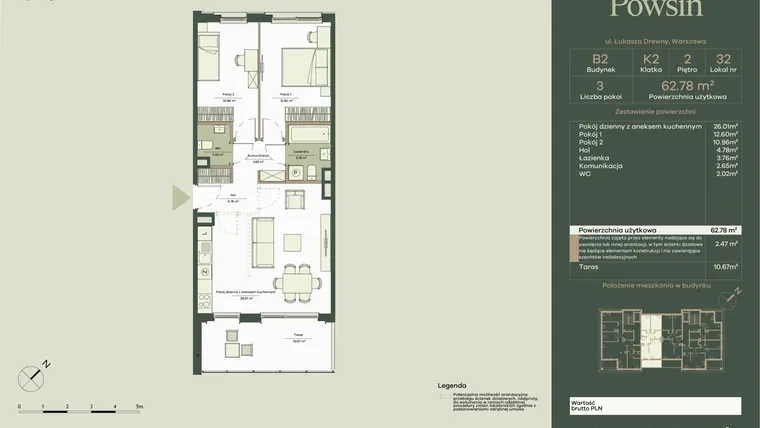 Rzut - Mieszkanie na sprzedaż 3 pokoje o powierzchni 62,78 m² - numer B2/32 w Onelife Powsin